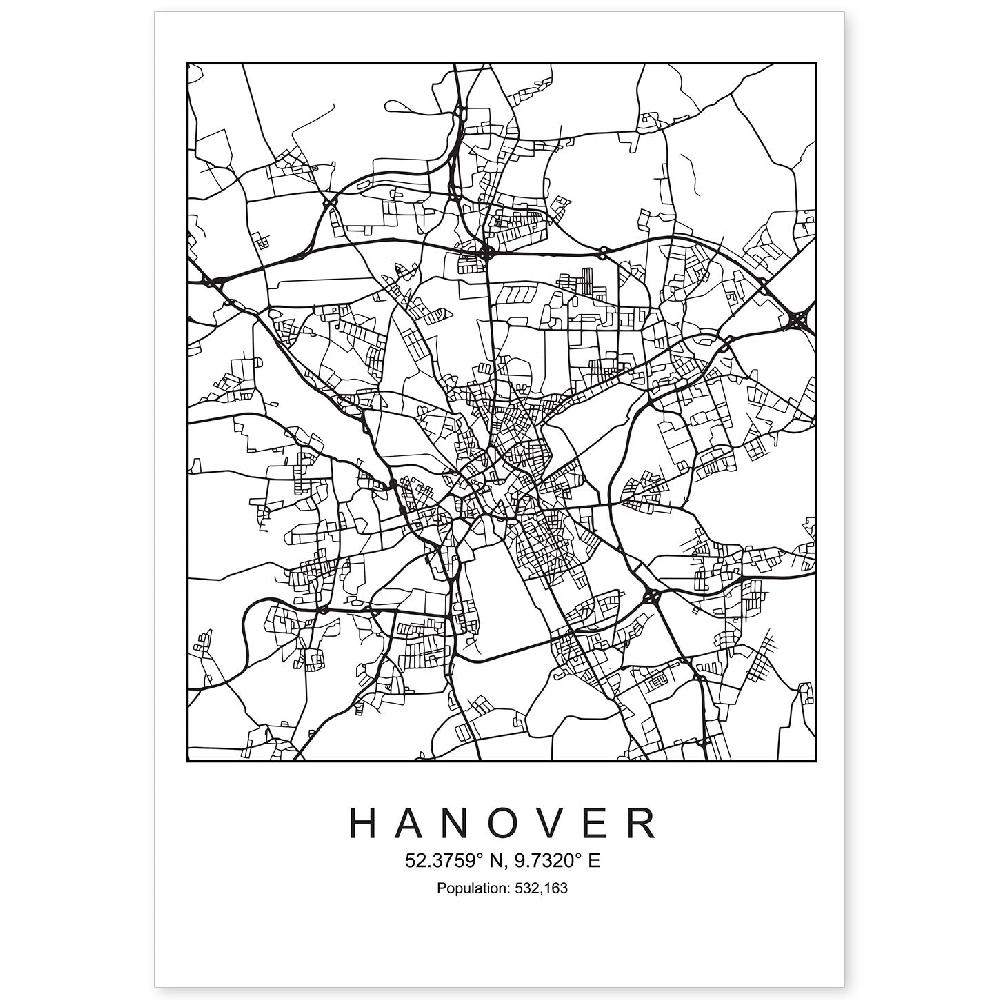 nacnic Lámina estilo nórdico de mapa de Hanover en blanco y negro