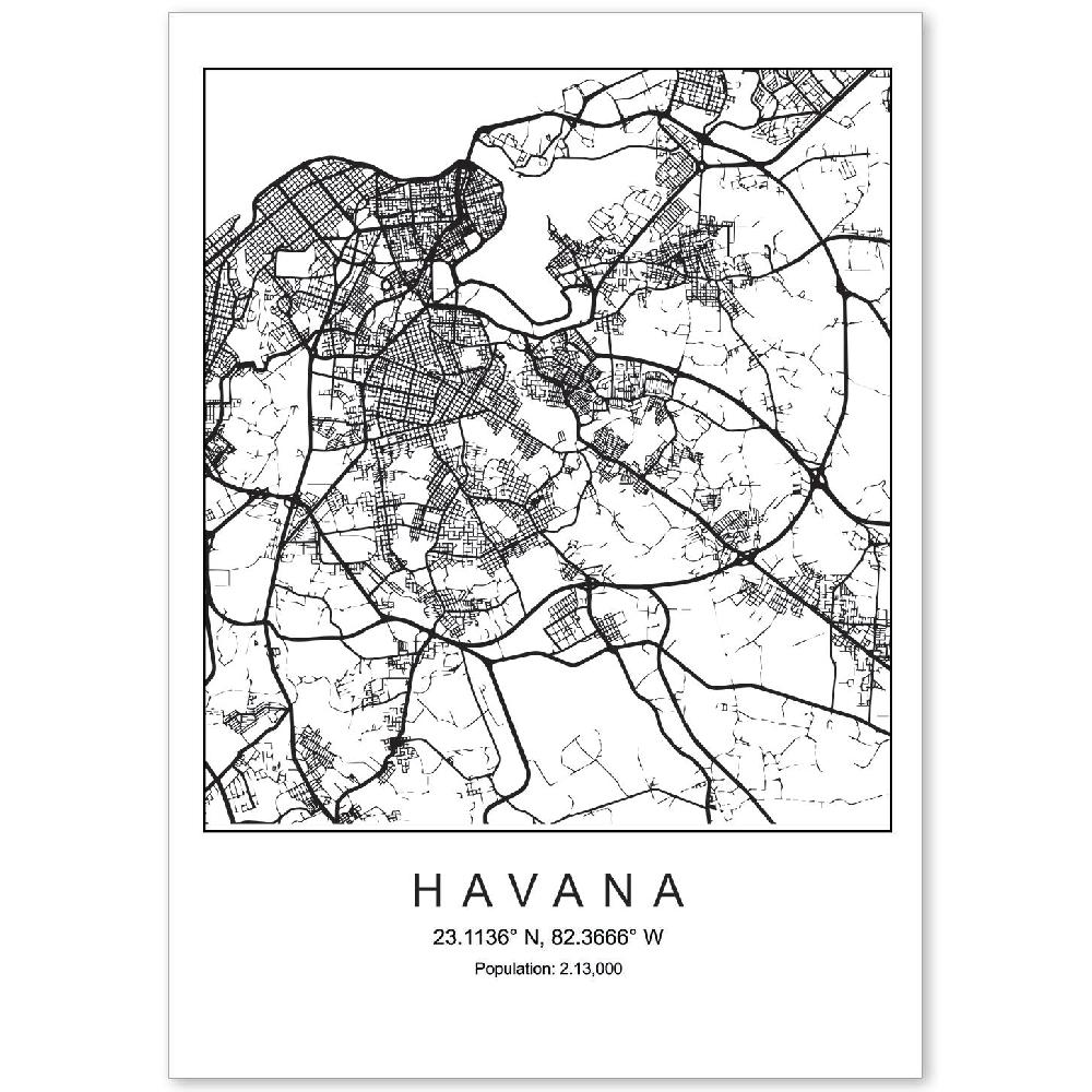 nacnic Lámina estilo nórdico de mapa de Havana en blanco y negro
