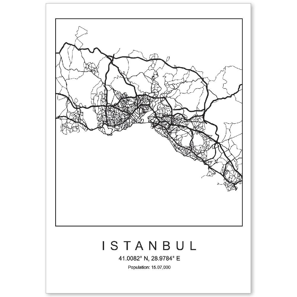 nacnic Lámina estilo nórdico de mapa de Istanbul en blanco y negro