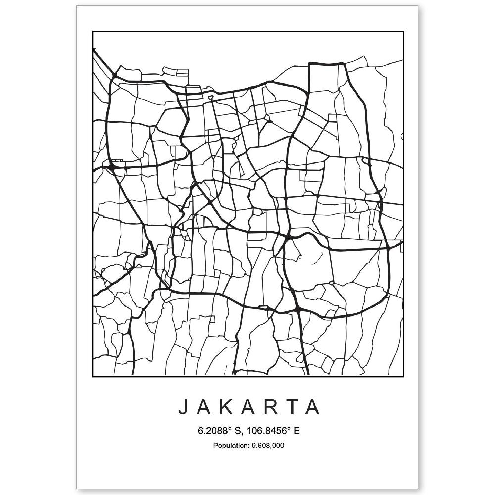 nacnic Lámina estilo nórdico de mapa de Jakarta en blanco y negro