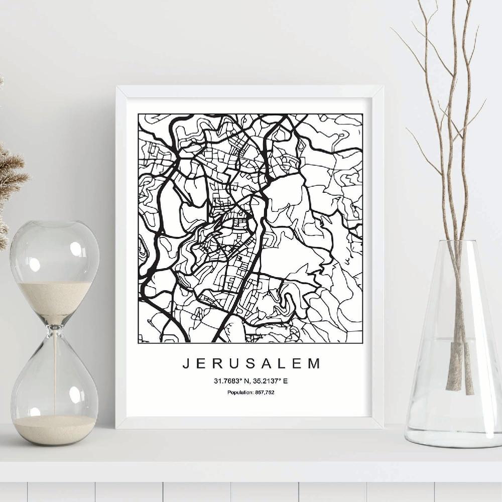 Nacnic Lámina Estilo Nórdico De Mapa De Jerusalem En Blanco Y Negro
