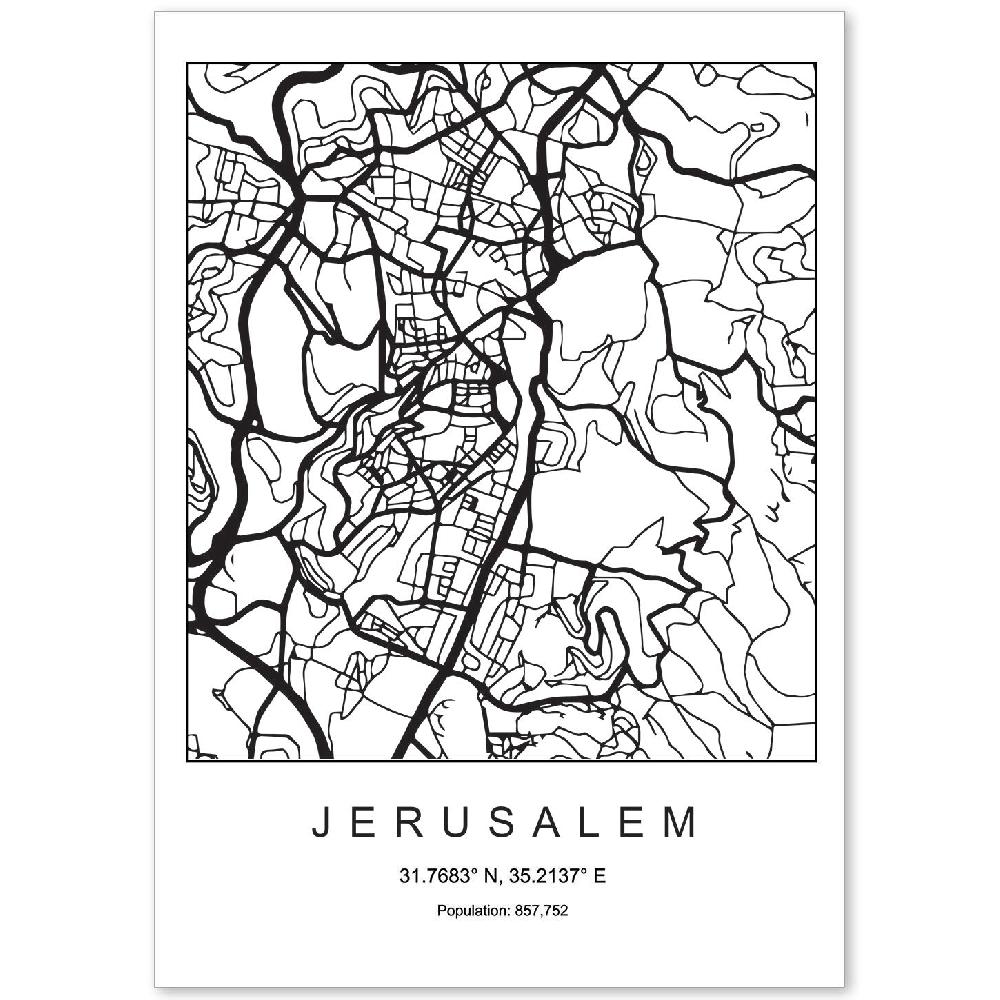 nacnic Lámina estilo nórdico de mapa de Jerusalem en blanco y negro