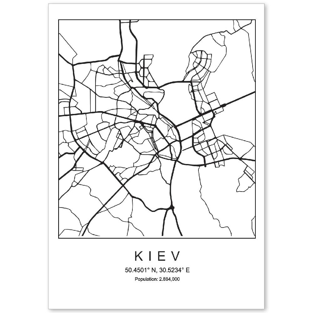 nacnic Lámina estilo nórdico de mapa de Kiev en blanco y negro