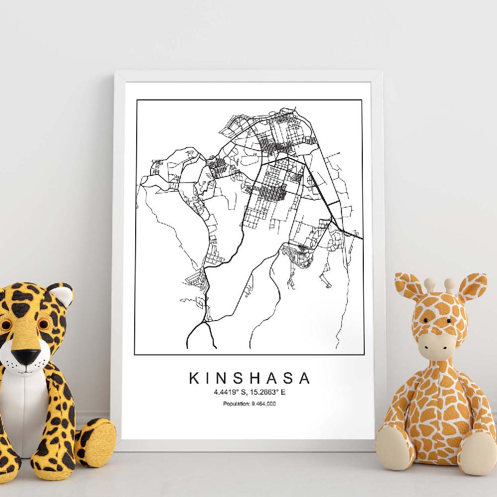 Nacnic Lámina Estilo Nórdico De Mapa De Kinshasa En Blanco Y Negro