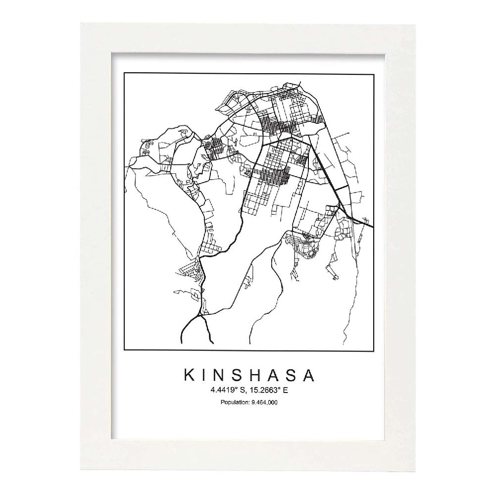 Nacnic Lámina Estilo Nórdico De Mapa De Kinshasa En Blanco Y Negro