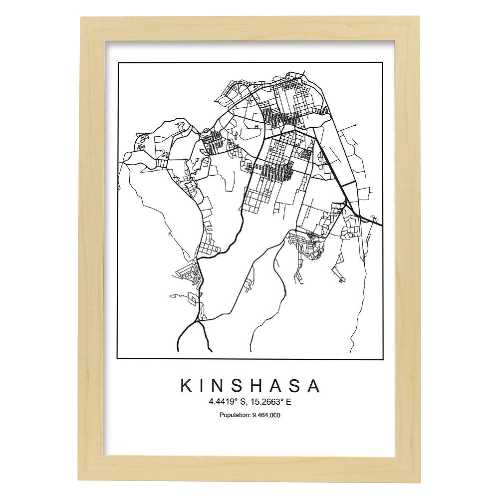Nacnic Lámina Estilo Nórdico De Mapa De Kinshasa En Blanco Y Negro