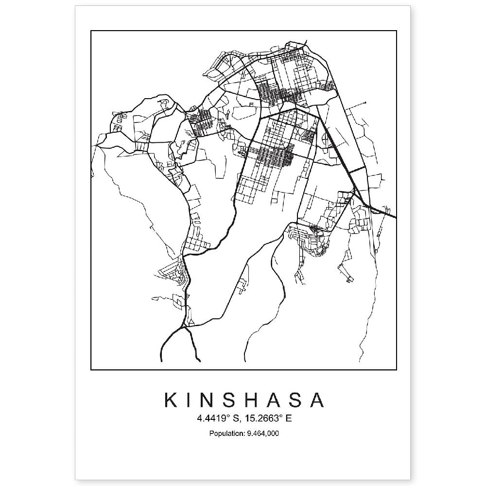 nacnic Lámina estilo nórdico de mapa de Kinshasa en blanco y negro