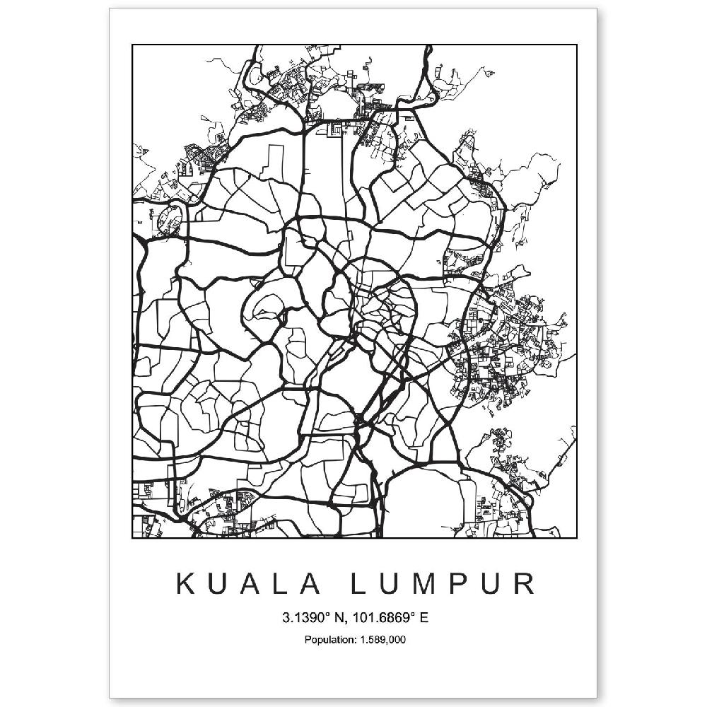 nacnic Lámina estilo nórdico de mapa de Kuala Lumpur en blanco y negro