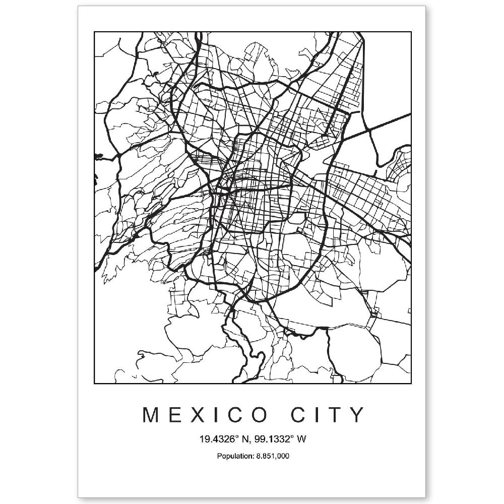 nacnic Lámina estilo nórdico de mapa de la ciudad de México en blanco y negro