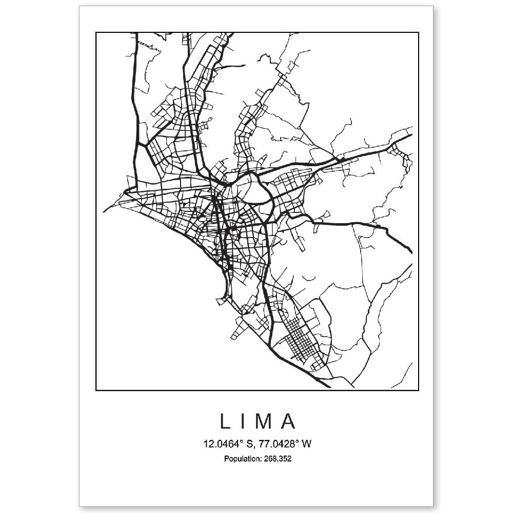 nacnic Lámina estilo nórdico de mapa de Lima en blanco y negro