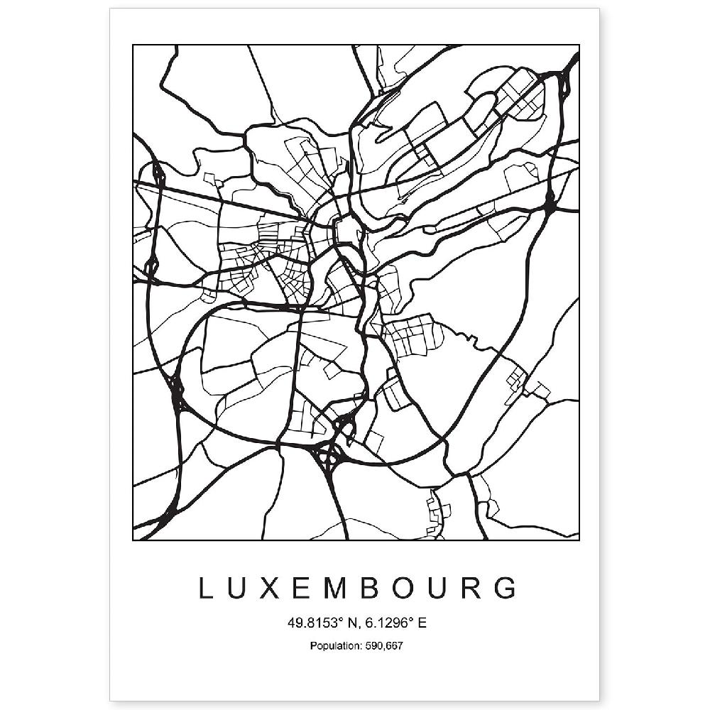 nacnic Lámina estilo nórdico de mapa de Luxembourg en blanco y negro