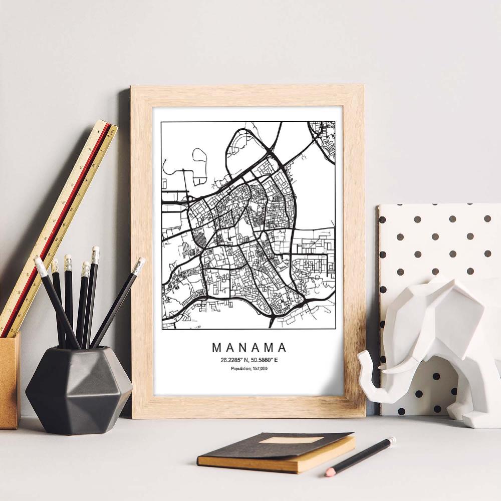 Nacnic Lámina Estilo Nórdico De Mapa De Manama En Blanco Y Negro