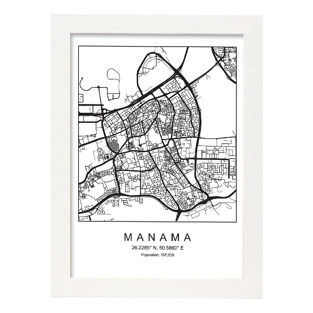 Nacnic Lámina Estilo Nórdico De Mapa De Manama En Blanco Y Negro
