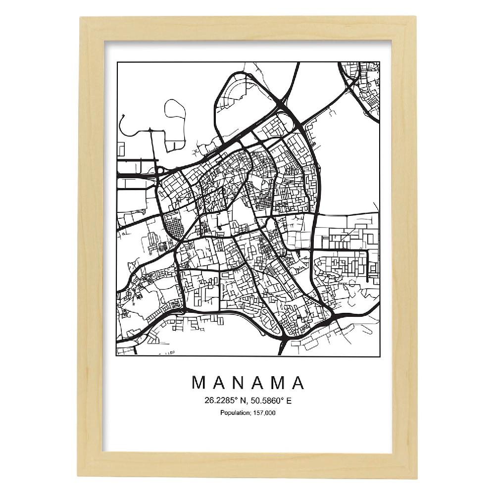 Nacnic Lámina Estilo Nórdico De Mapa De Manama En Blanco Y Negro