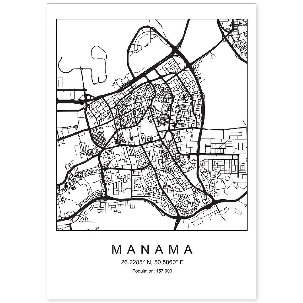 nacnic Lámina estilo nórdico de mapa de Manama en blanco y negro