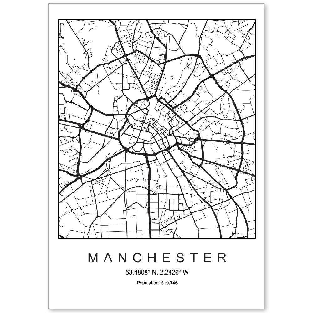nacnic Lámina estilo nórdico de mapa de Manchester en blanco y negro