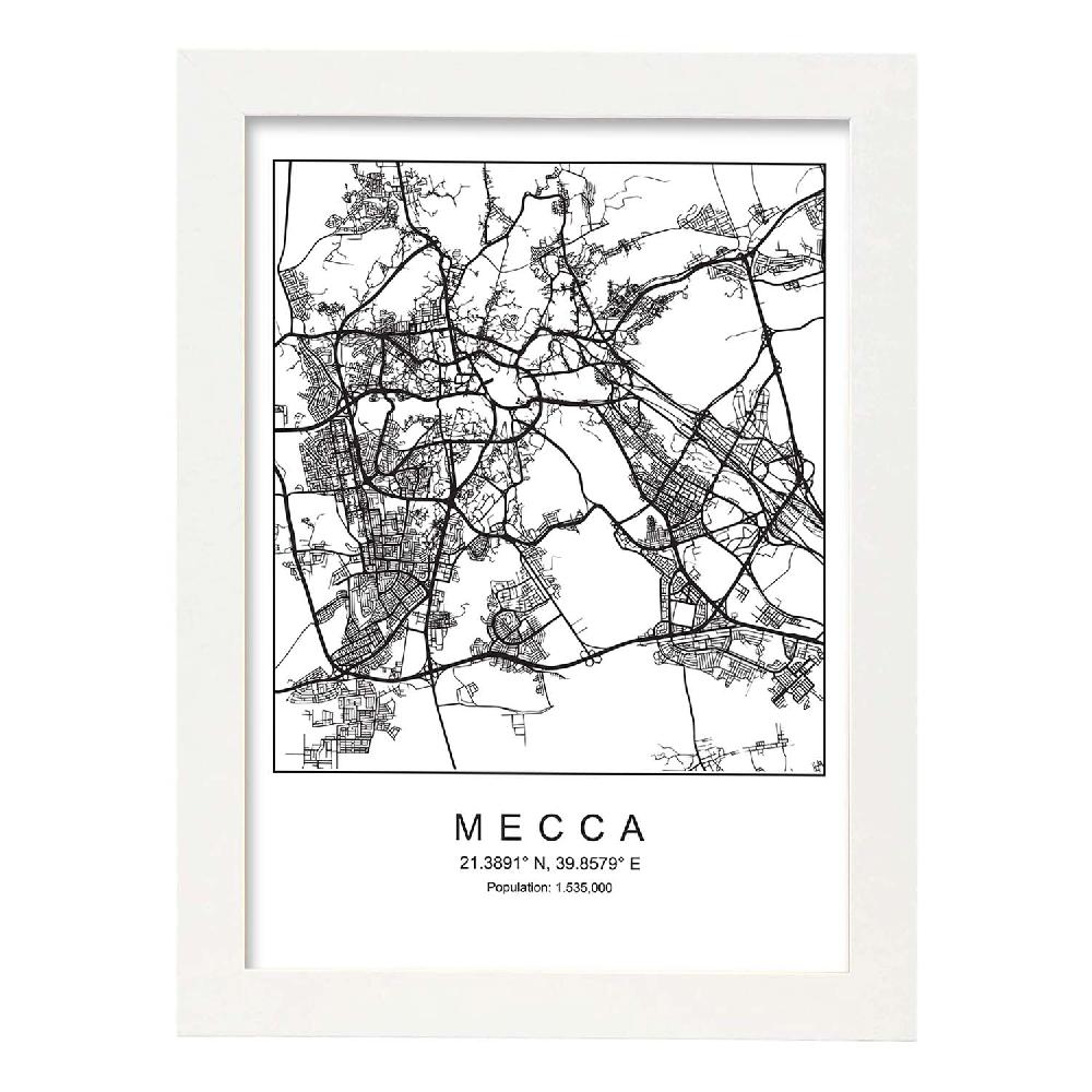 Nacnic Lámina Estilo Nórdico De Mapa De Mecca En Blanco Y Negro