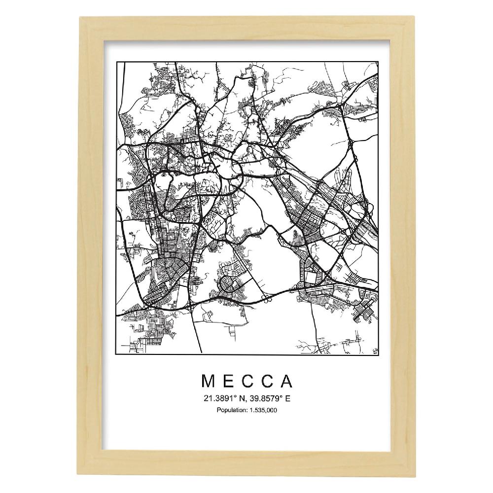 Nacnic Lámina Estilo Nórdico De Mapa De Mecca En Blanco Y Negro