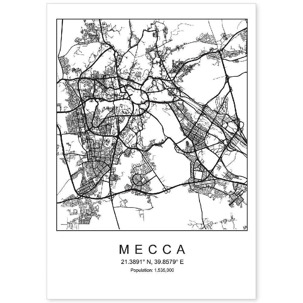 nacnic Lámina estilo nórdico de mapa de Mecca en blanco y negro