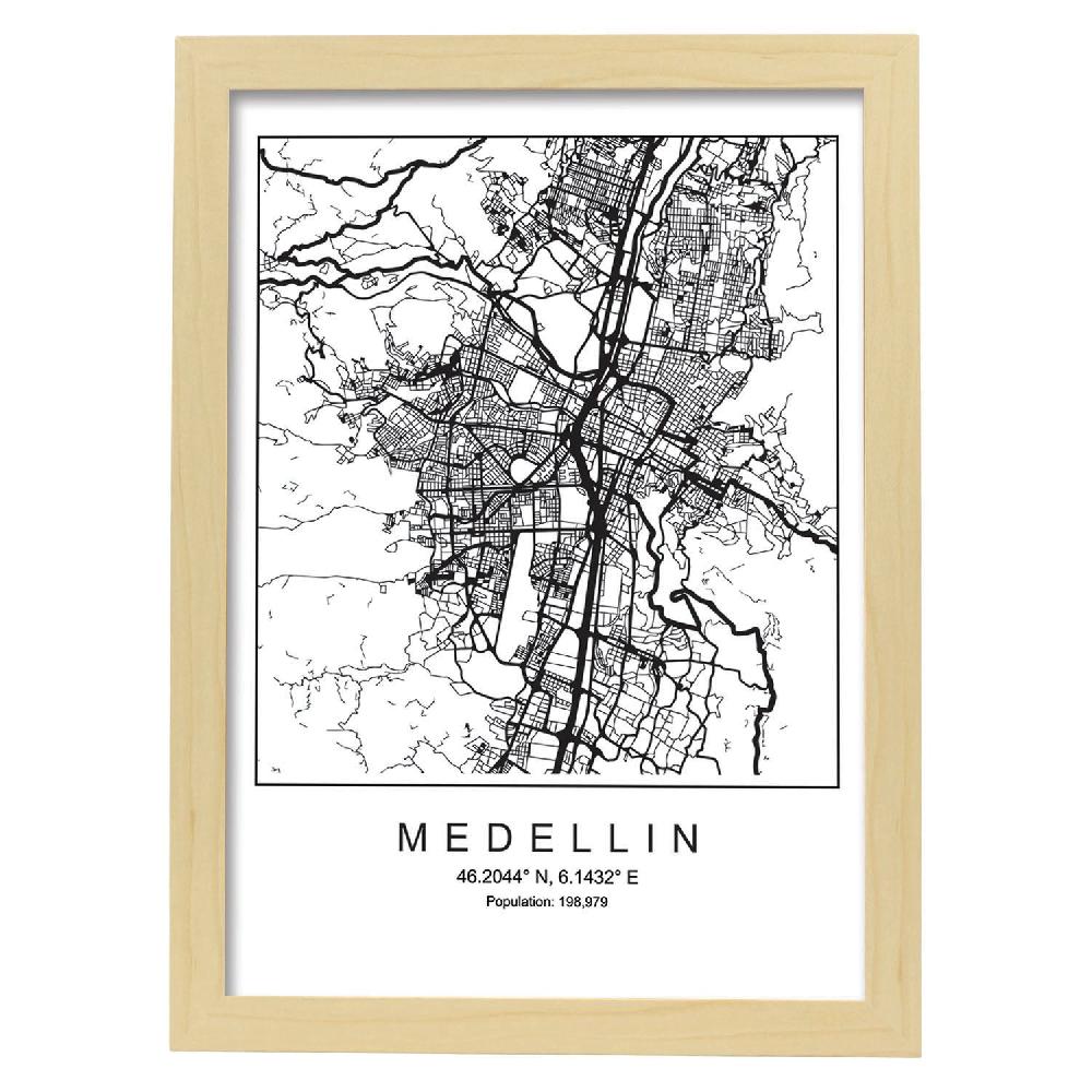 Nacnic Lámina Estilo Nórdico De Mapa De Medellín En Blanco Y Negro