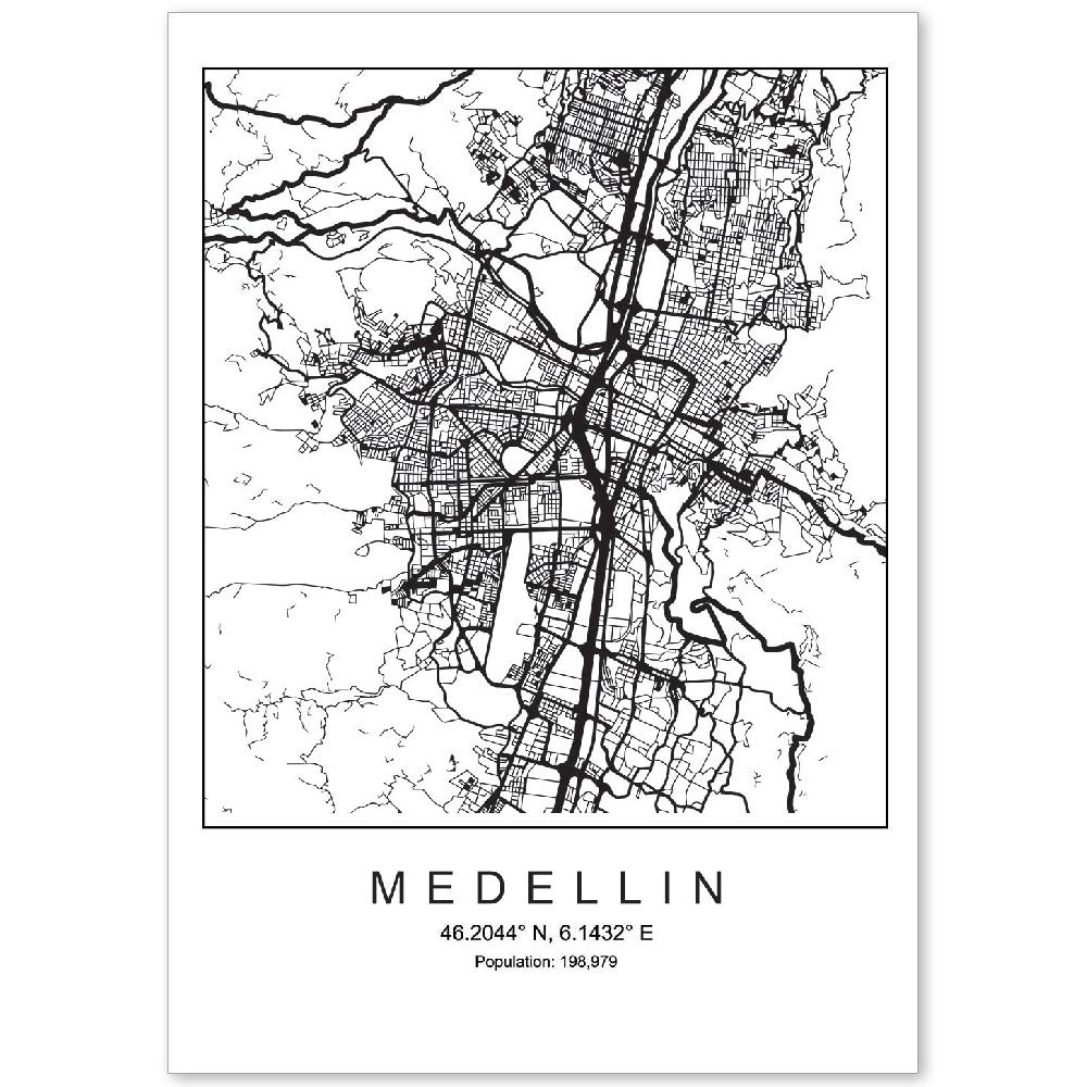 nacnic Lámina estilo nórdico de mapa de Medellín en blanco y negro
