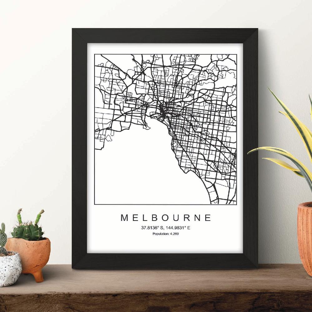 Nacnic Lámina Estilo Nórdico De Mapa De Melbourne En Blanco Y Negro