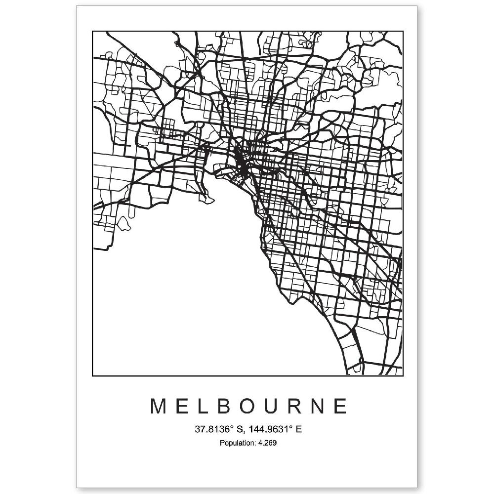 nacnic Lámina estilo nórdico de mapa de Melbourne en blanco y negro