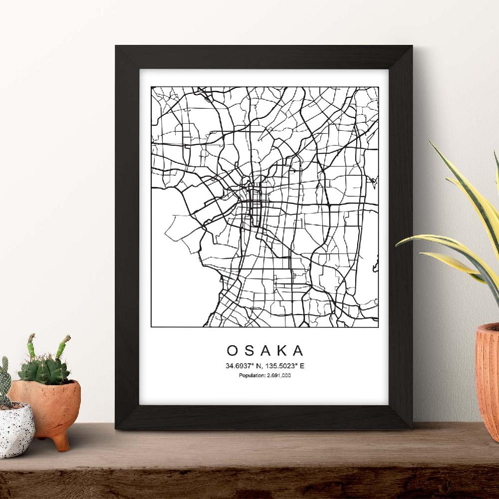 Nacnic Lámina Estilo Nórdico De Mapa De Osaka En Blanco Y Negro