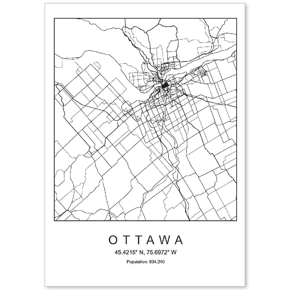 nacnic Lámina estilo nórdico de mapa de Ottawa en blanco y negro