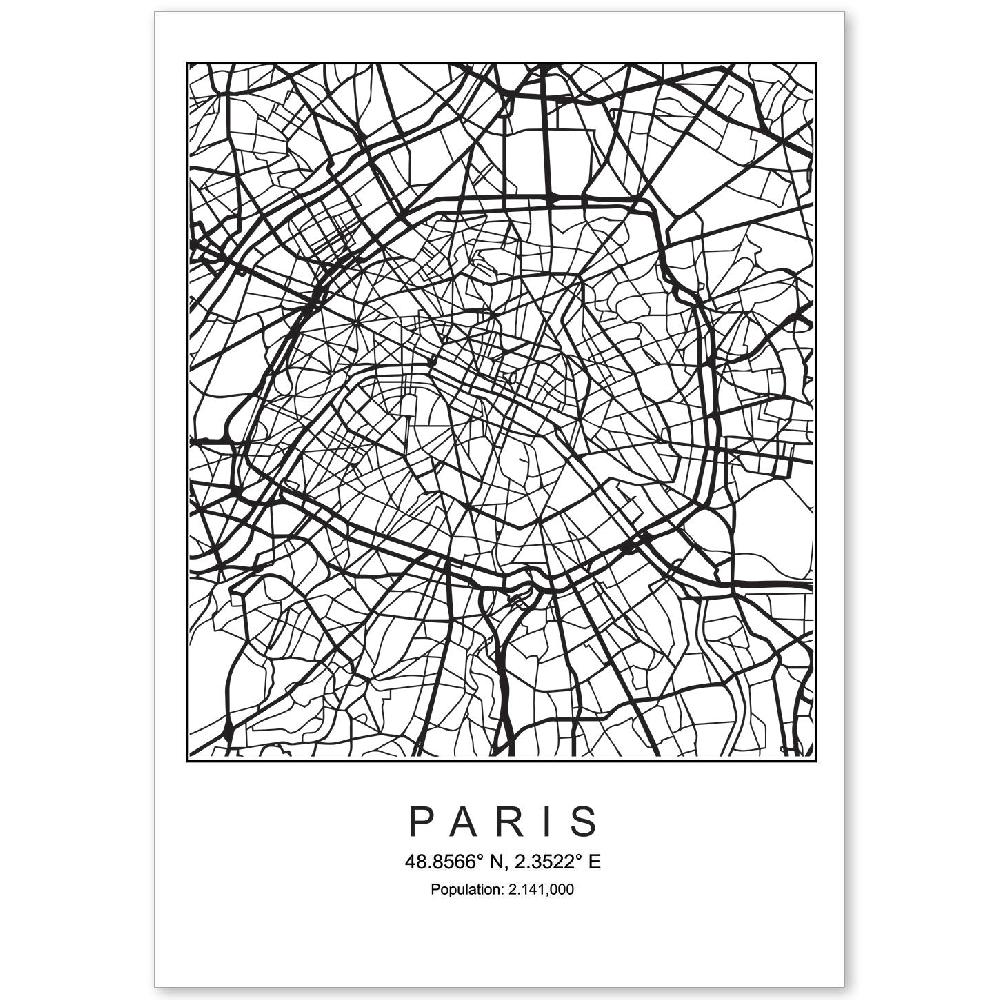 nacnic Lámina estilo nórdico de mapa de Paris en blanco y negro