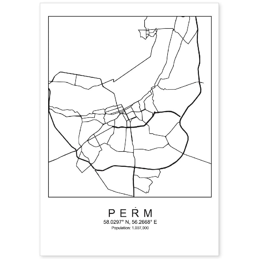 nacnic Lámina estilo nórdico de mapa de Perm en blanco y negro
