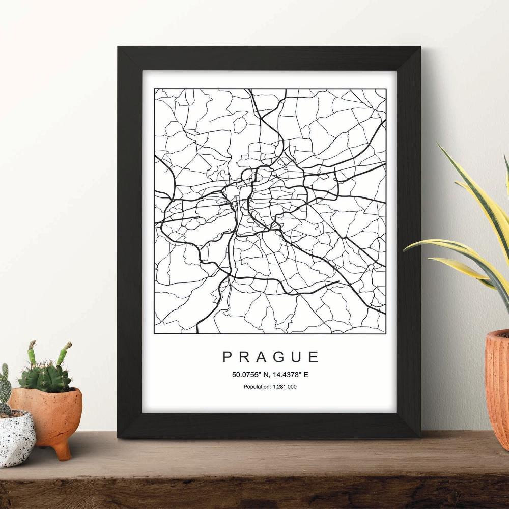 Nacnic Lámina Estilo Nórdico De Mapa De Praga En Blanco Y Negro
