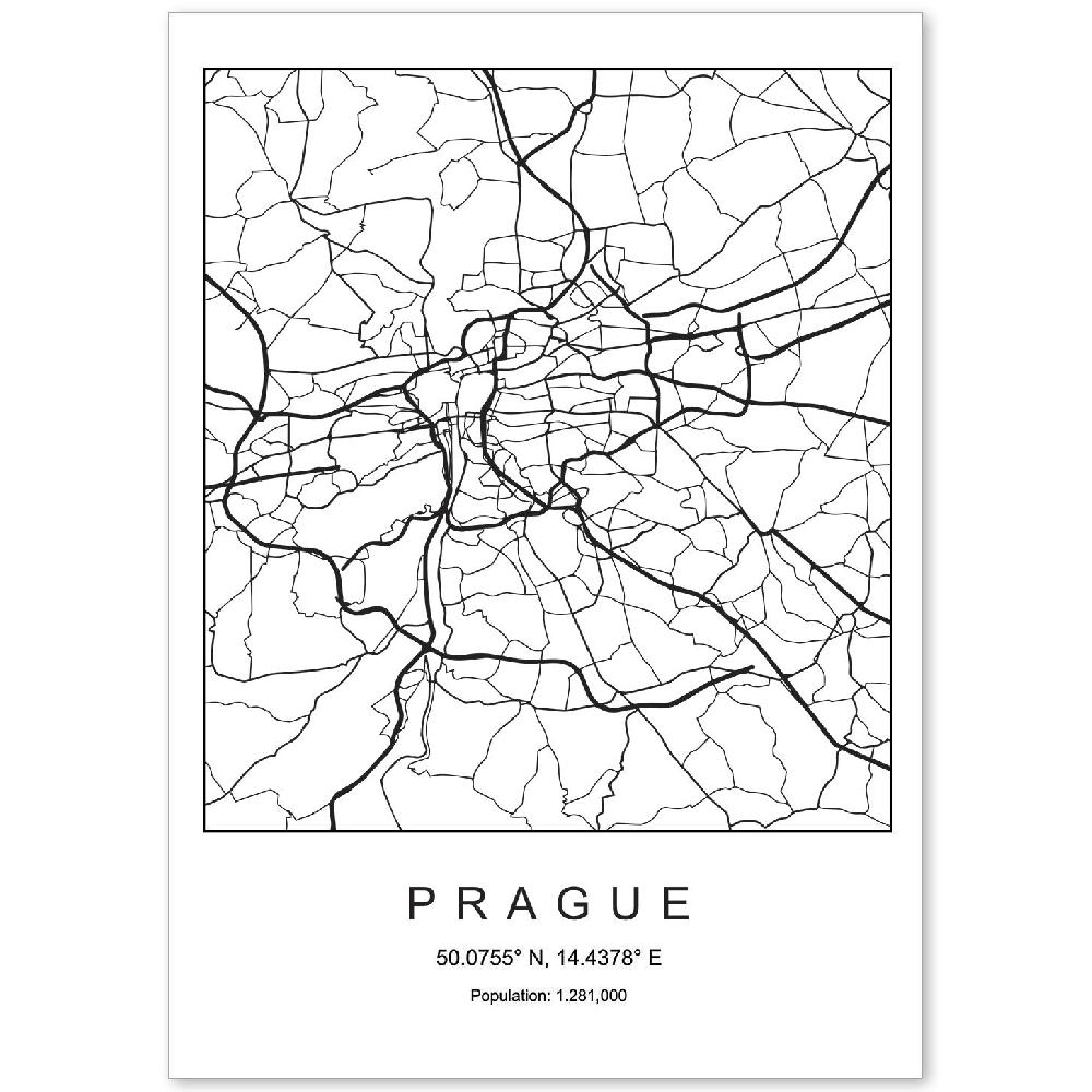 nacnic Lámina estilo nórdico de mapa de Praga en blanco y negro