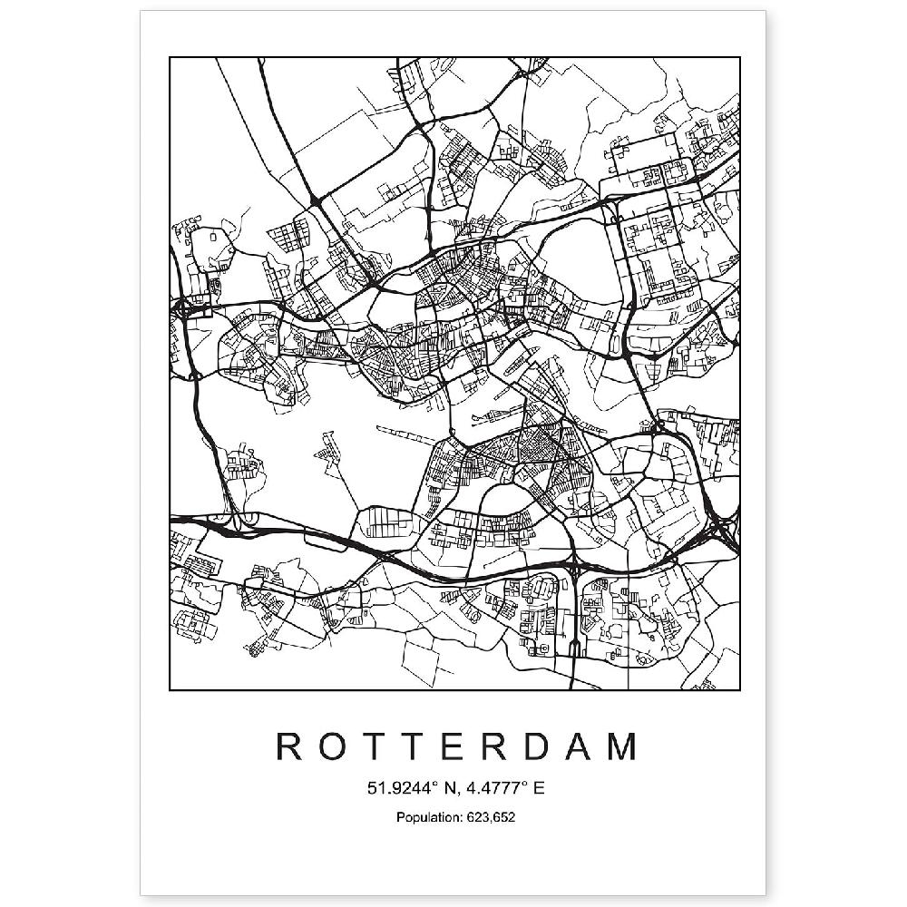 nacnic Lámina estilo nórdico de mapa de Rotterdam en blanco y negro