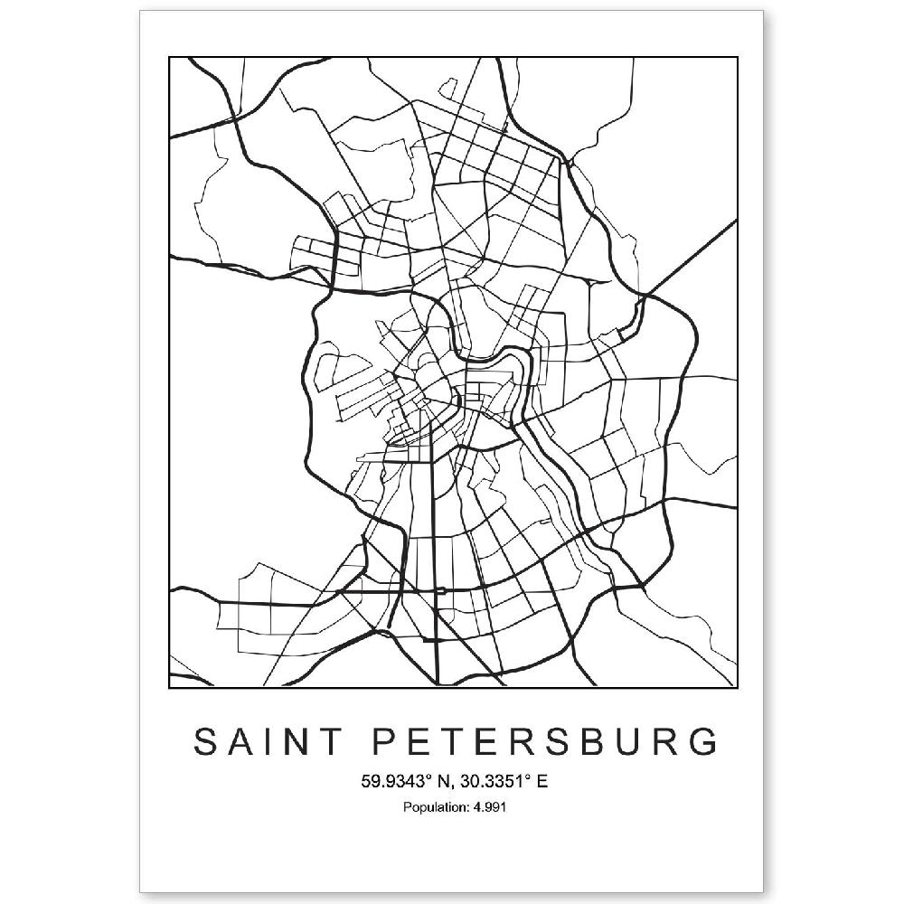 nacnic Lámina estilo nórdico de mapa de Saint Petersburg en blanco y negro