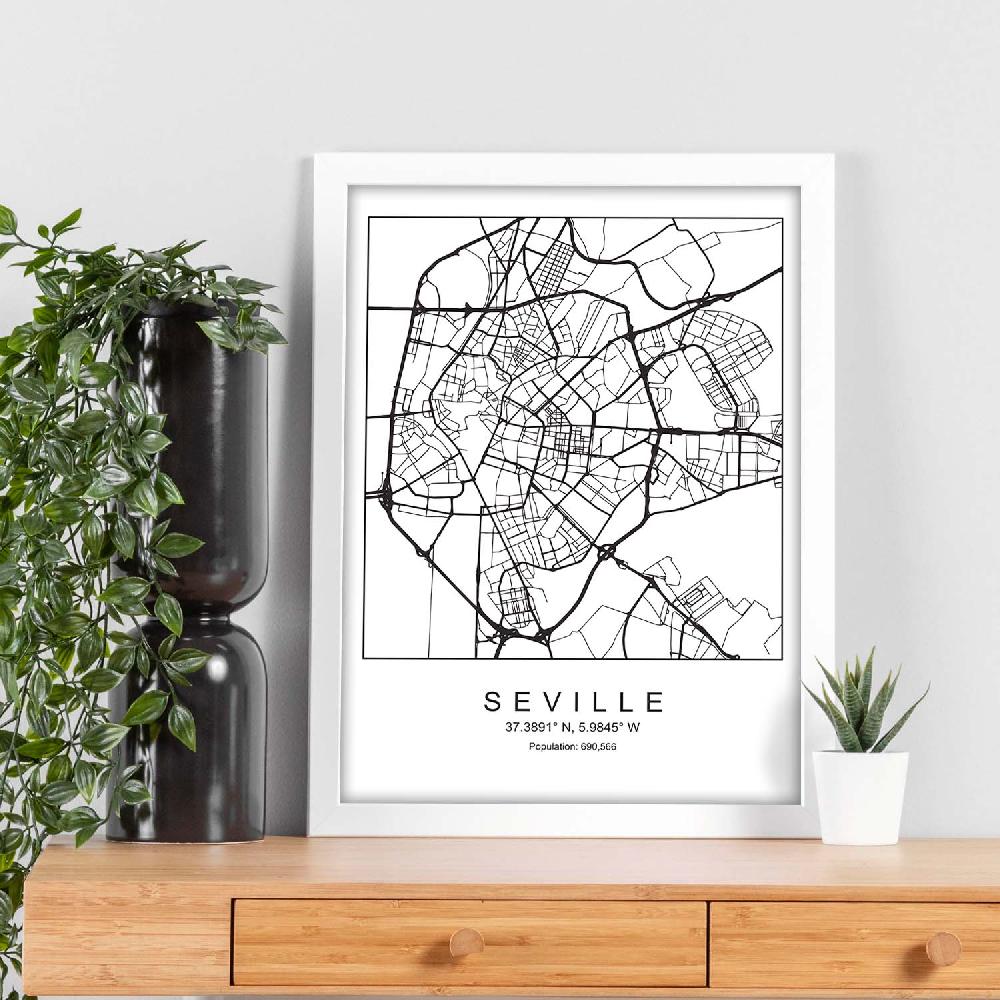 Nacnic Lámina Estilo Nórdico De Mapa De Sevilla En Blanco Y Negro