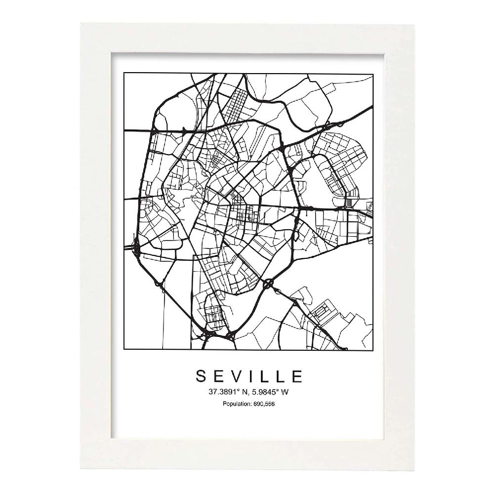 Nacnic Lámina Estilo Nórdico De Mapa De Sevilla En Blanco Y Negro