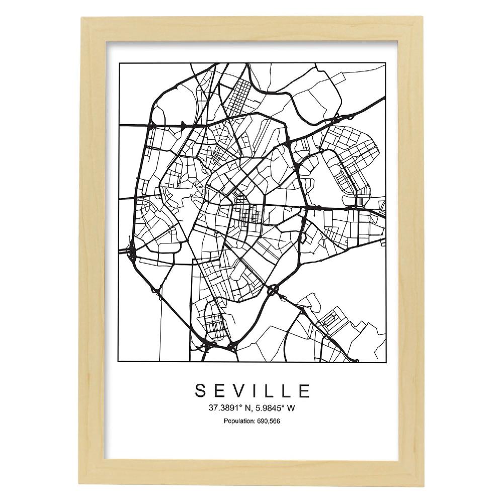 Nacnic Lámina Estilo Nórdico De Mapa De Sevilla En Blanco Y Negro