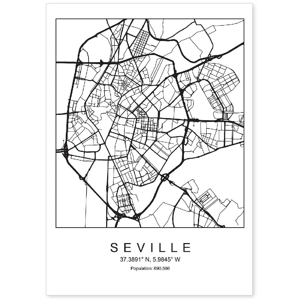 nacnic Lámina estilo nórdico de mapa de Sevilla en blanco y negro