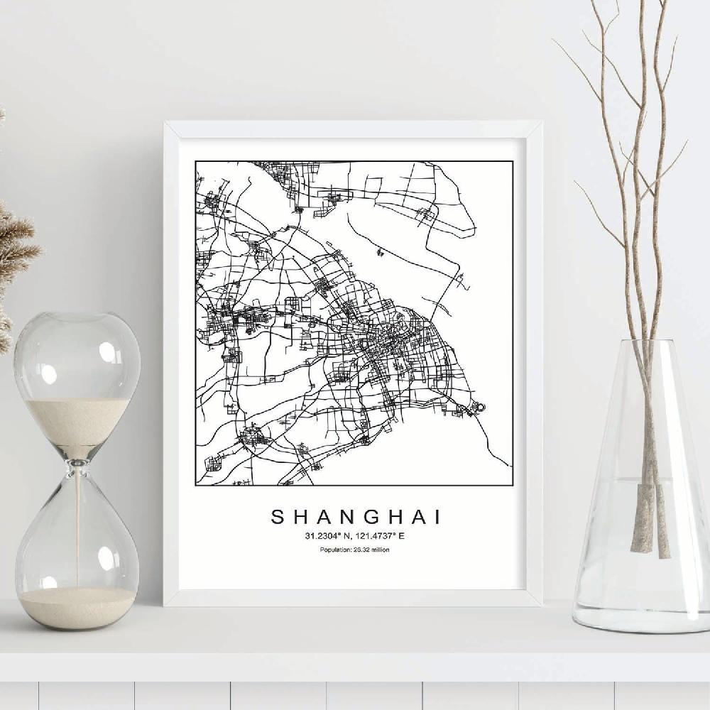 Nacnic Lámina Estilo Nórdico De Mapa De Shanghai En Blanco Y Negro