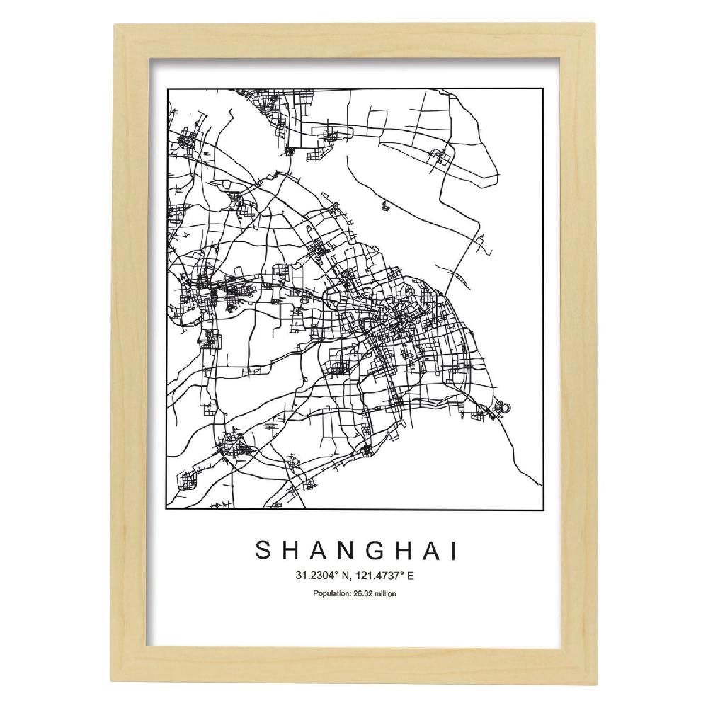 Nacnic Lámina Estilo Nórdico De Mapa De Shanghai En Blanco Y Negro
