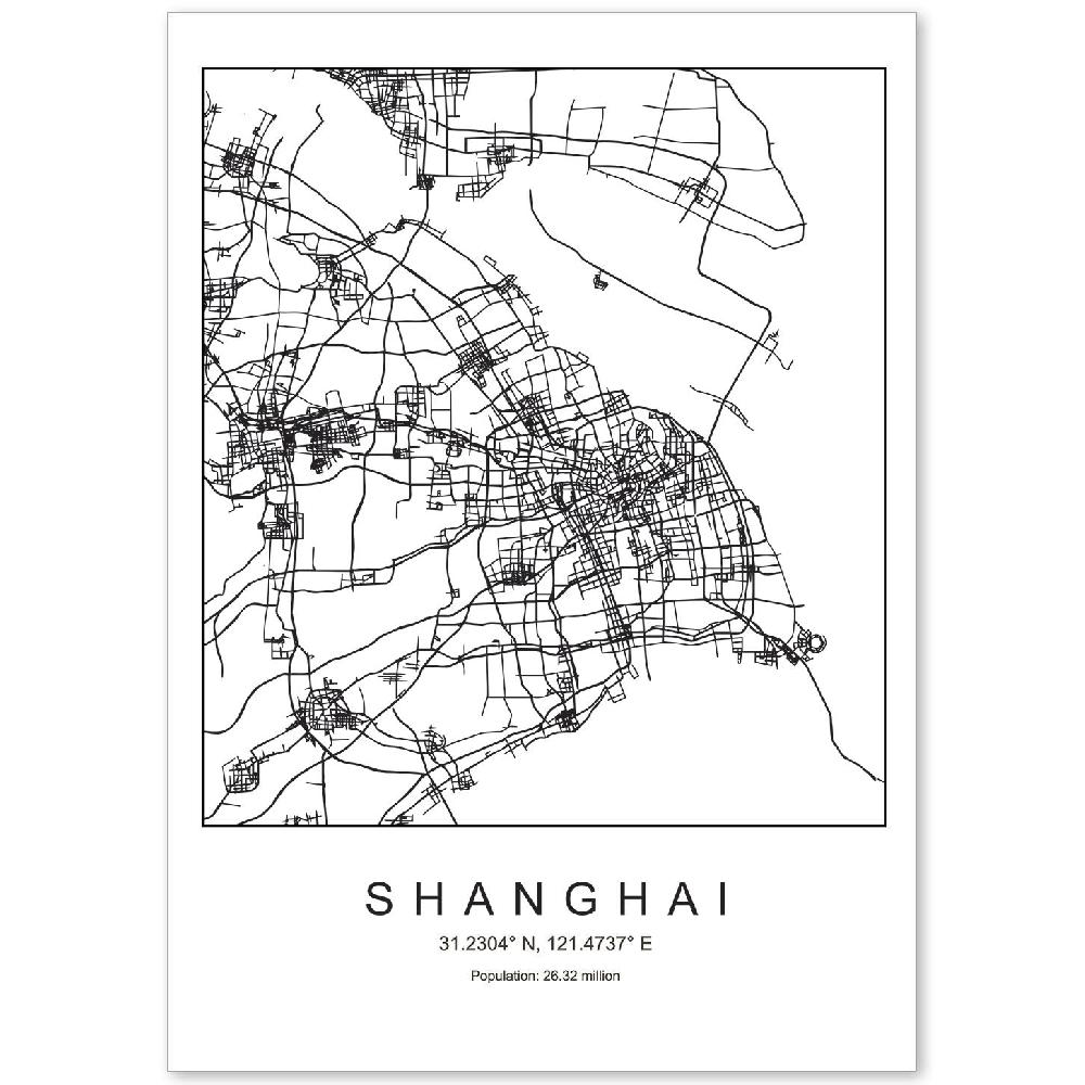 nacnic Lámina estilo nórdico de mapa de Shanghai en blanco y negro