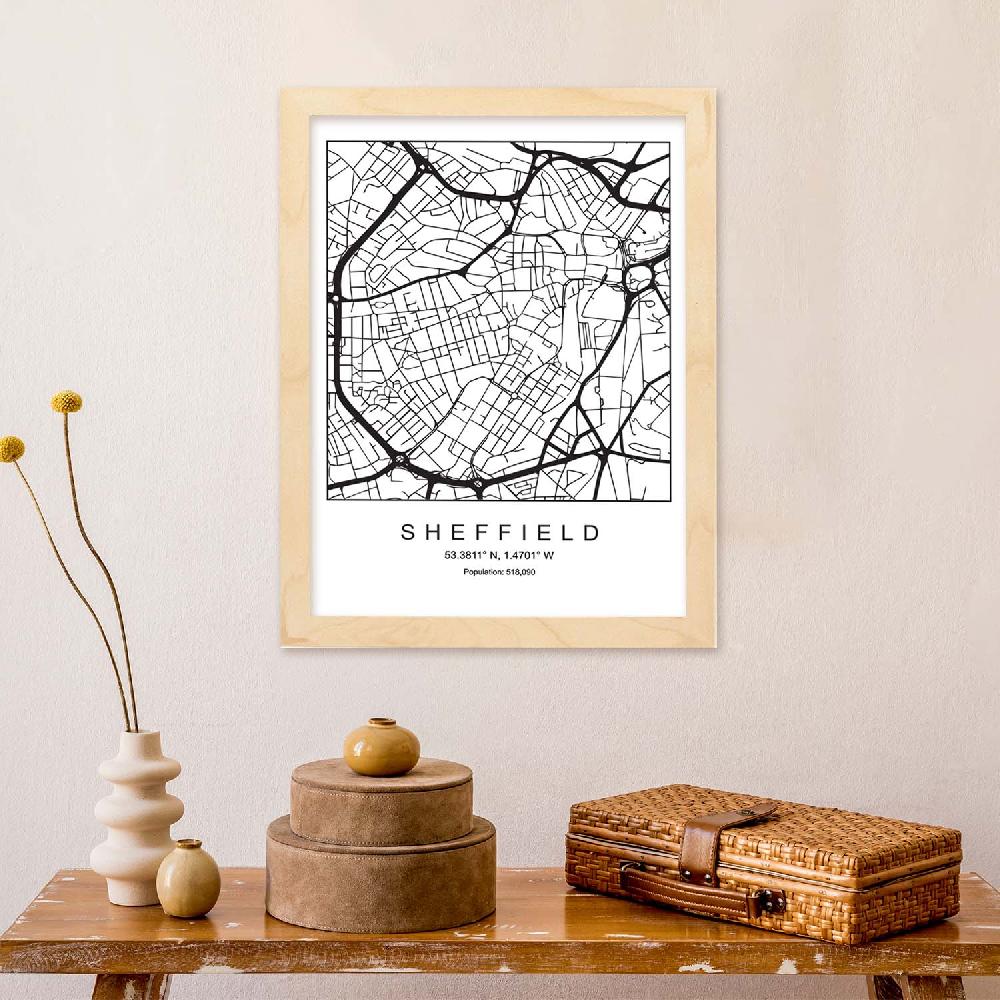 Nacnic Lámina Estilo Nórdico De Mapa De Sheffield En Blanco Y Negro