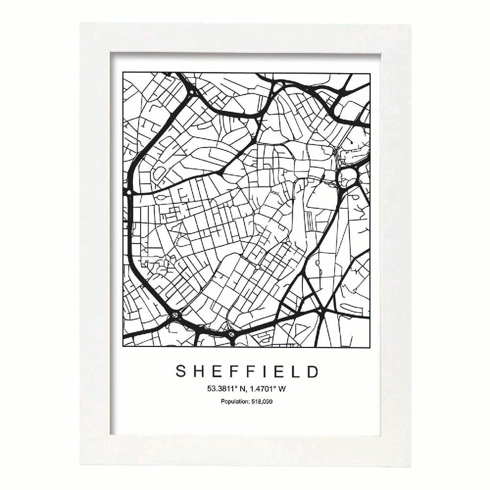 Nacnic Lámina Estilo Nórdico De Mapa De Sheffield En Blanco Y Negro