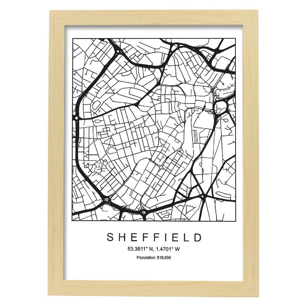 Nacnic Lámina Estilo Nórdico De Mapa De Sheffield En Blanco Y Negro