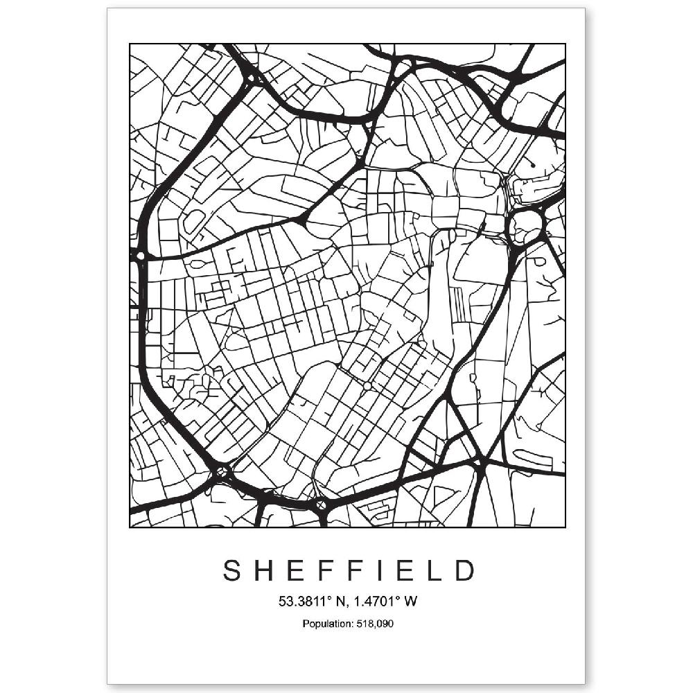 nacnic Lámina estilo nórdico de mapa de Sheffield en blanco y negro