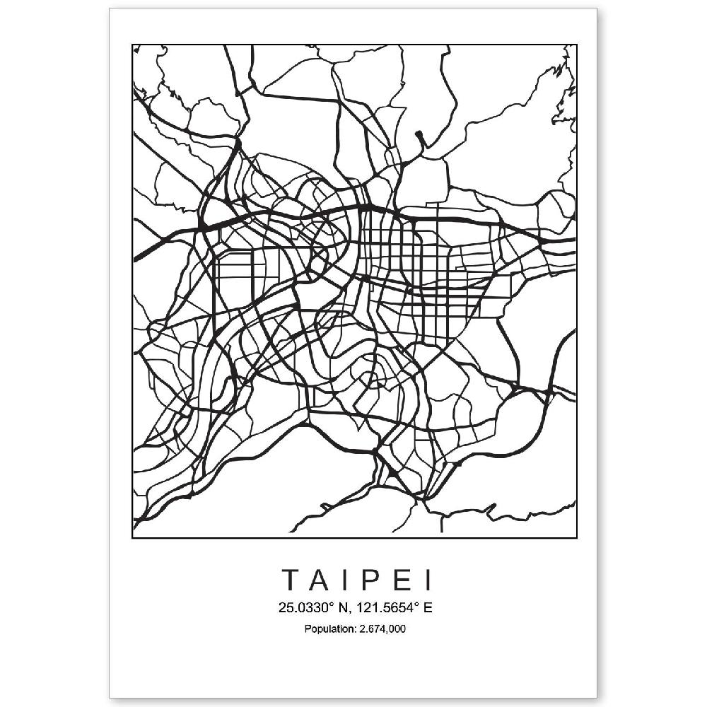 nacnic Lámina Estilo Nórdico de Mapa de Taipei en Blanco y Negro