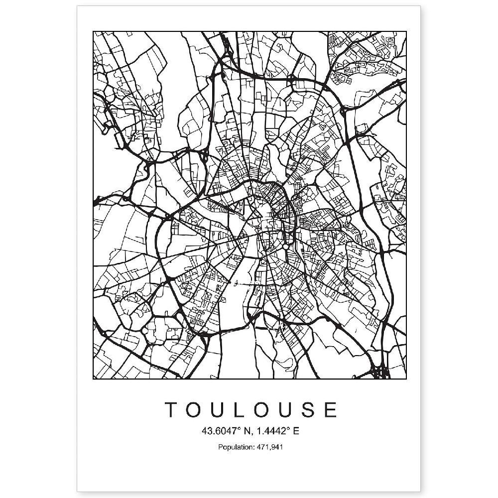 nacnic Lámina Estilo Nórdico de Mapa de Toulouse en Blanco y Negro