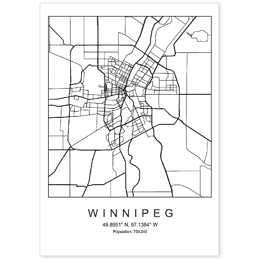 nacnic Lámina Estilo Nórdico de Mapa de Winnipeg en Blanco y Negro
