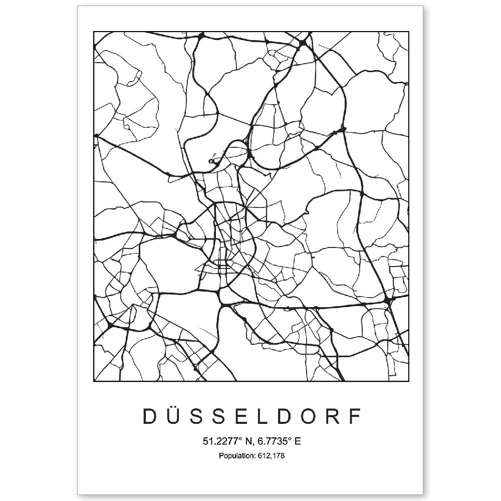 nacnic Lámina estilo nórdico de mapa Dusseldorf en blanco y negro